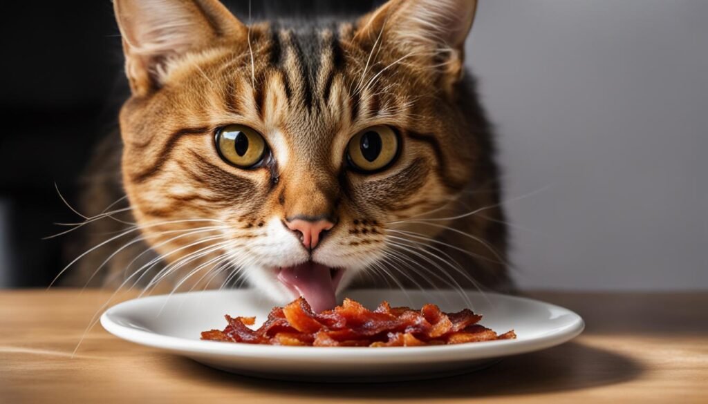 cat eating bacon bits